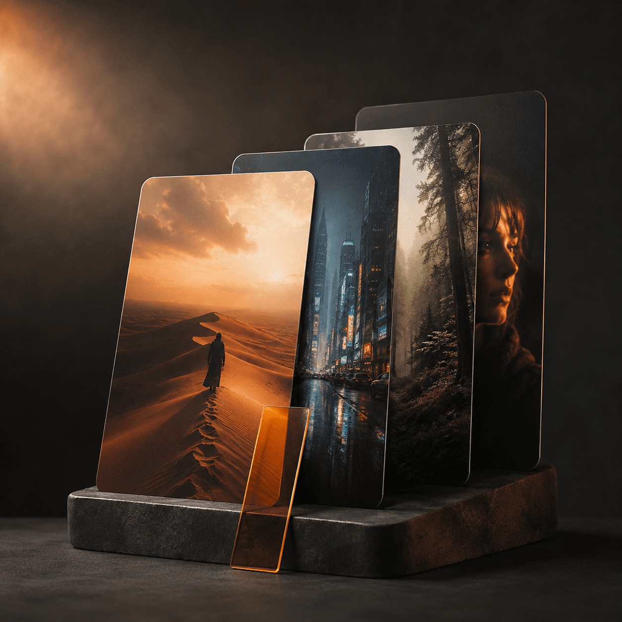 A curated collection of cinematic art cards with an amber bookmark.